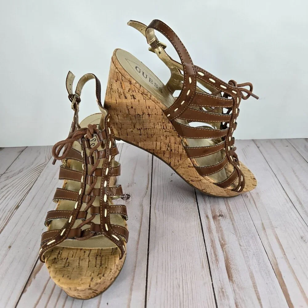 GUESS Gladiator Wedge Sandals Brown Leather Cork Women’s Size 9